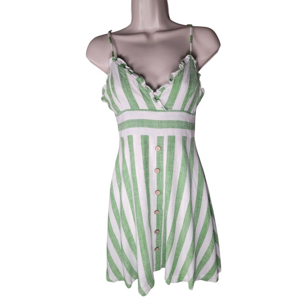Lulu's Size Small Green White Striped Mini Dress V-Neck Linen Blend‎ Lined